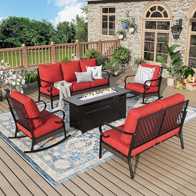 Patio Furniture Set with Firepit Table, Black Frame Outdoor Conversation Set with 2 x Rocking Chairs, 1 x 2-Seat Sofa, 1 x 3-Seat Sofa for Lawn Garden Backyard, Red