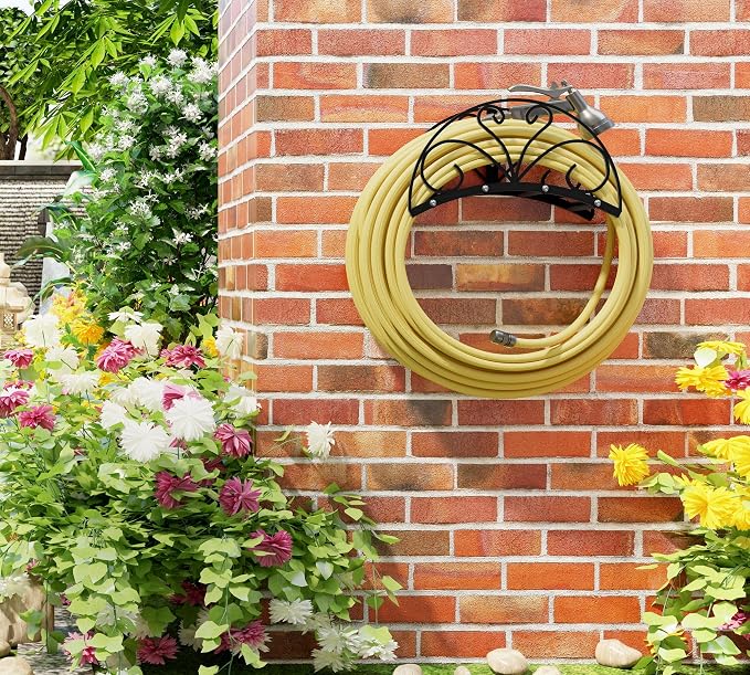 Fire Beauty Heavy-Duty Metal Hose Holder, Wall-Mounted Garden Hose Reel Organizer for Outdoor Yard, Solid Iron Decorative Hanger Storage