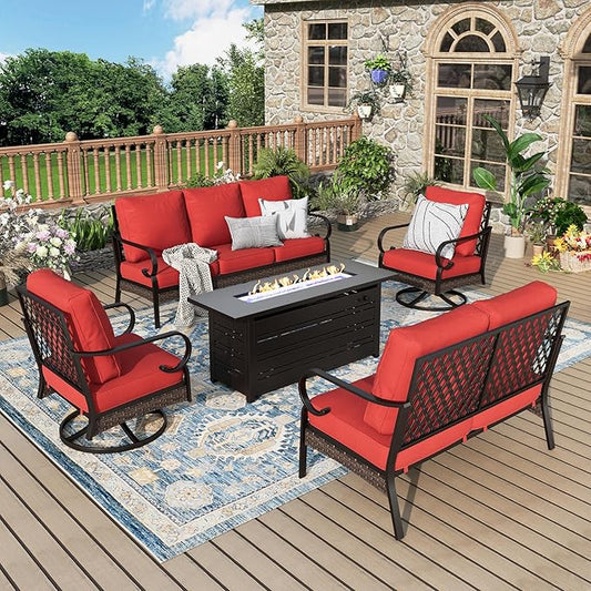 Patio Furniture Set with Firepit Table, Black Frame Outdoor Conversation Set with 2 x Swivel Chairs, 1 x 2-Seat Sofa, 1 x 3-Seat Sofa for Lawn Garden Backyard, Red