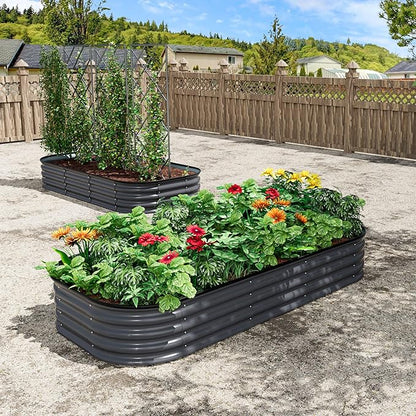 MUPATER 6x3x1FT Metal Raised Garden Beds Outdoor, Modular Galvanized Steel Planter Box for Vegetables, 11.2'' H Garden Bed Kit Oval for Herbs and Flowers, Garden, Gray