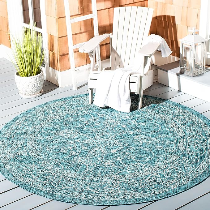 SAFAVIEH Washable Rug Outdoor Courtyard Collection - 5'3" Round, Turquoise, Non-Shedding & Easy Cleaning, Ideal for Patio, Backyard, Mudroom (CY8680-37221)