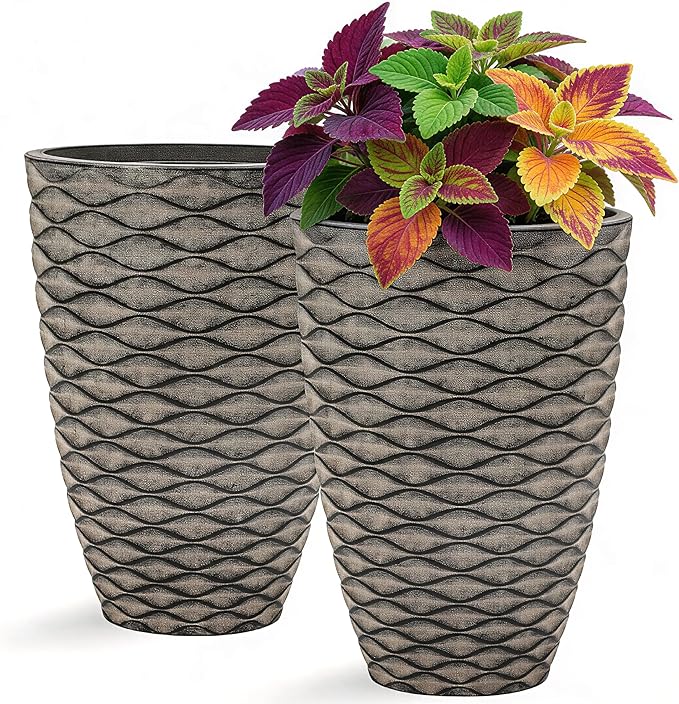 19" H Coastal Planter for Indoor/Outdoor Plants, Set of 2 Large Flower Pot with Drainage Hole, Weather-Resistant Resin Planters for Garden Patio Porch Home Office Decor, Rustic Black Wavy