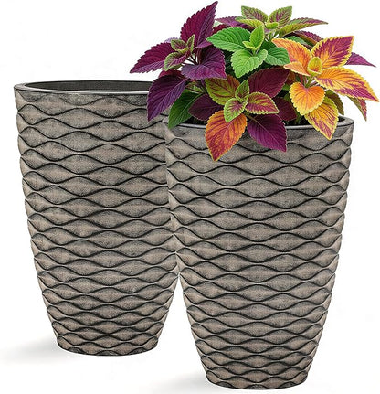 19" H Coastal Planter for Indoor/Outdoor Plants, Set of 2 Large Flower Pot with Drainage Hole, Weather-Resistant Resin Planters for Garden Patio Porch Home Office Decor, Rustic Black Wavy