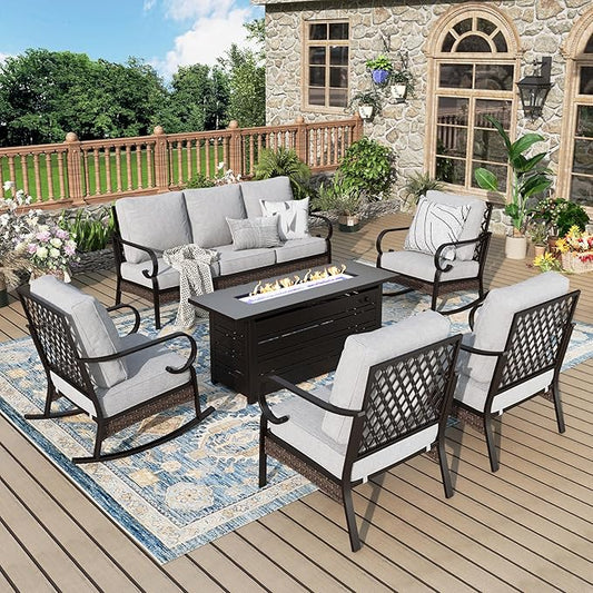 Patio Furniture Set with Firepit Table, Black Frame Outdoor Conversation Set with 2 x Fixed Chairs, 2 x Rocking Chairs, 1 x 3-Seat Sofa for Lawn Garden Backyard, Light Grey