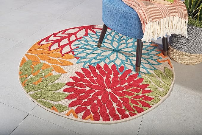 Nourison Aloha Indoor/Outdoor Green 5'3'' x Round Area-Rug, Tropical, Botanical, Easy-Cleaning, Non Shedding, Bed Room, Living Room, Dining Room, Deck, Backyard, Patio (5 Round)