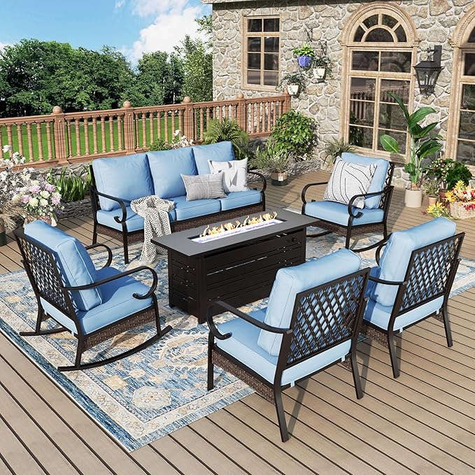 Patio Furniture Set with Firepit Table, Black Frame Outdoor Conversation Set with 2 x Fixed Chairs, 2 x Rocking Chairs, 1 x 3-Seat Sofa for Lawn Garden Backyard, Blue