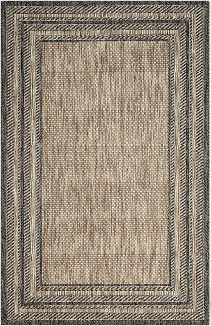 SAFAVIEH Courtyard Collection 4' x 5'7" Natural / Black CY8475 Indoor/ Outdoor Waterproof Easy-Cleaning Patio Backyard Mudroom Accent-Rug