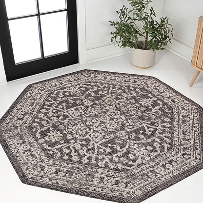 JONATHAN Y Boho Medallion Indoor Outdoor Octagon Area Rug 5 Ft Black/Gray, Malta Textured Weave for Backyard, Patio, Porch, Easy-Cleaning, High Traffic, Pet-Friendly, Non-Shedding (SMB104C-5TGN)