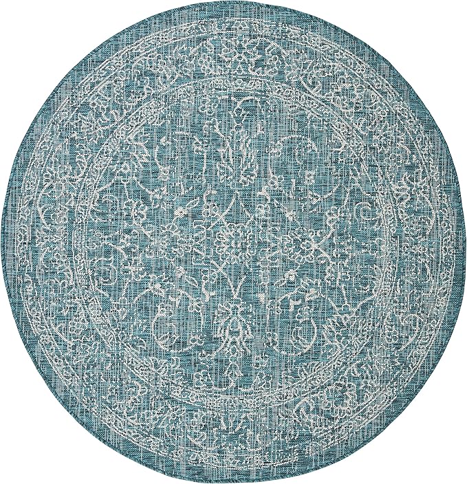 SAFAVIEH Washable Rug Outdoor Courtyard Collection - 5'3" Round, Turquoise, Non-Shedding & Easy Cleaning, Ideal for Patio, Backyard, Mudroom (CY8680-37221)