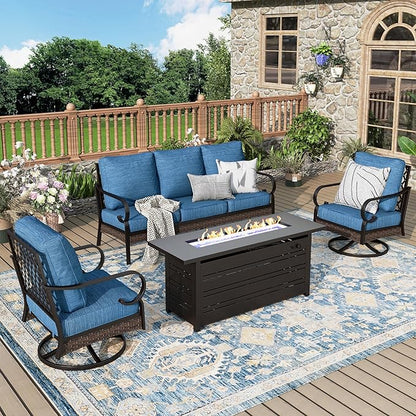 Patio Furniture Set with Firepit Table, Black Frame Outdoor Conversation Set with 2 x Swivel Chairs, 1 x 3-Seat Sofa for Lawn Garden Backyard, Pacific Blue