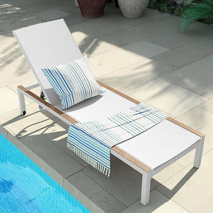 Grand patio Outdoor Chaise Lounge Mesh Sling Chair with Woodgrain Texture, Portable Wheels 4 Adjustable Reclining Backrest Positions for Poolside Beach White