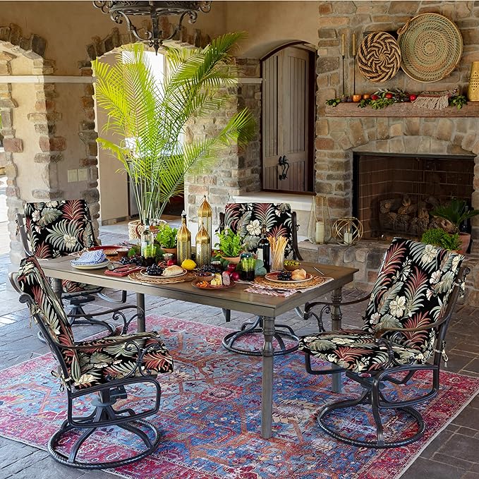 Arden 2-Pack Outdoor Patio Dining Chair Cushion, 20x44, Rain-Proof Seat Pad, Fade-Resistant Outdoor Cushion Simone Black Tropical