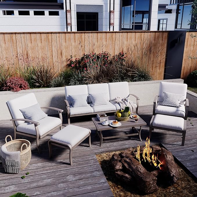 HAPPATIO 6 Piece Aluminum Patio Furniture Set, 3-Seat Outdoor Couch with Ottomans and Armchairs, All-Weather Outdoor Sectional Sofa with Comfortable Cushions and Coffee Table(Gray)