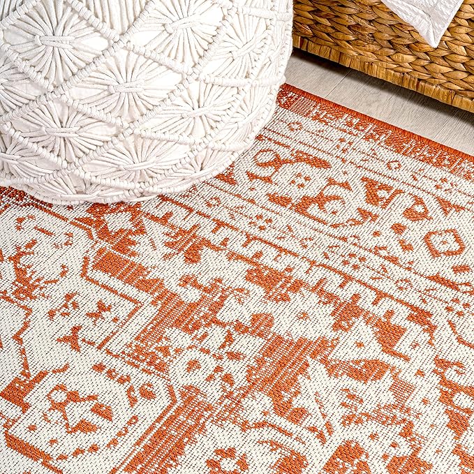 JONATHAN Y Medallion Weave Indoor Outdoor Square Area Rug 5X5 Orange/Cream, Sinjuri Textured for Backyard, Patio, Porch, Easy-Cleaning, High Traffic, Pet-Friendly, Non-Shedding (SMB101F-5SQ)