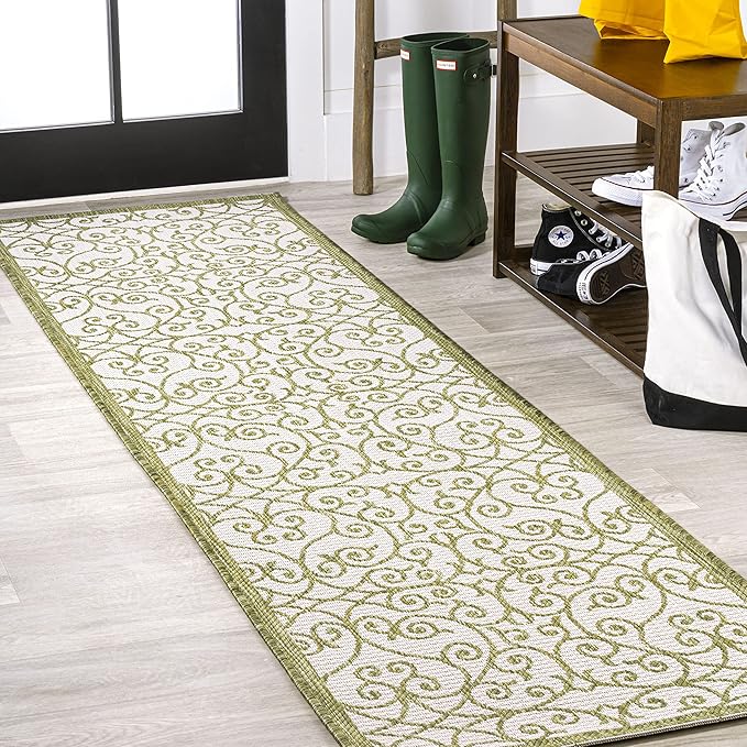 JONATHAN Y Vintage Filigree Indoor Outdoor Runner Rug 2X8 Green/Cream, Madrid Textured Weave for Backyard, Patio, Porch, Easy-Cleaning, High Traffic, Pet-Friendly, Non-Shedding (SMB107H-28)