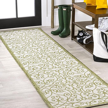 JONATHAN Y Vintage Filigree Indoor Outdoor Runner Rug 2X8 Green/Cream, Madrid Textured Weave for Backyard, Patio, Porch, Easy-Cleaning, High Traffic, Pet-Friendly, Non-Shedding (SMB107H-28)