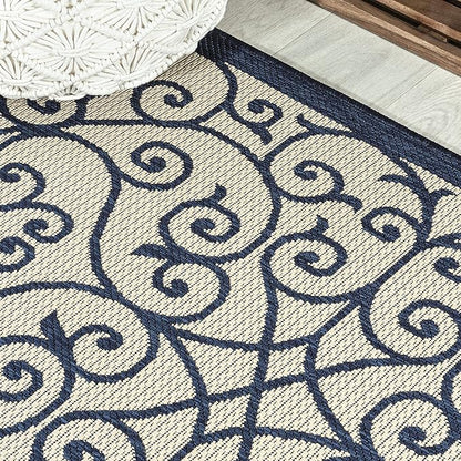 JONATHAN Y Vintage Filigree Indoor Outdoor Runner Rug 2X10 Navy/Beige, Madrid Textured Weave for Backyard, Patio, Porch, Easy-Cleaning, High Traffic, Pet-Friendly, Non-Shedding (SMB107G-210)