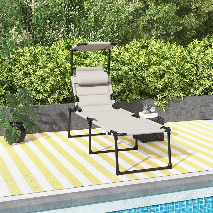 Outdoor Lounge Chair, Tanning Chair with Sunshade Roof, Adjustable Backrest Folding Chaise Lounge with Pillow Headrest for Outside, Beach, Camping, Hiking (Sunshade Roof, Cream White)