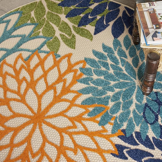 Nourison Aloha Indoor/Outdoor Multicolor 5'3'' x Round Area--Rug, Tropical, Botanical, Easy--Cleaning, Non Shedding, Bed Room, Living Room, Dining Room, Deck, Backyard, Patio (5 Round)
