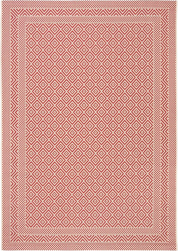 SAFAVIEH Washable Rug Outdoor Courtyard Collection - 4' x 5'7", Beige & Red, Non-Shedding & Easy Cleaning, Ideal for Patio, Backyard, Mudroom (CY6235-23812)