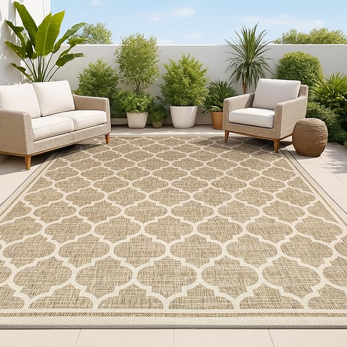 JONATHAN Y Moroccan Trellis Indoor Outdoor Area Rug 10X14 Brown/Beige, Trebol Textured Weave for Backyard, Patio, Porch, Easy-Cleaning, High Traffic, Pet-Friendly, Non-Shedding (SMB109A-14)