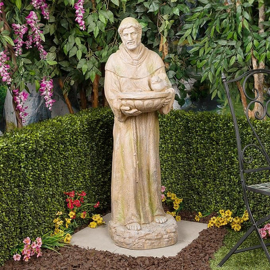 Alpine Corporation QFC107-201 Old World St. Francis Statue with Bird Feeder and Mossy Finish, 45" H, Tan and Green