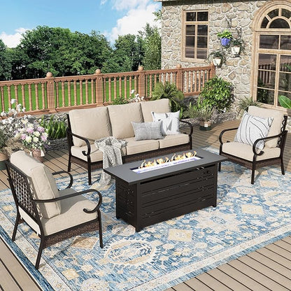 Patio Furniture Set with Firepit Table, Black Frame Outdoor Conversation Set with 2 x Fixed Chairs, 1 x 3-Seat Sofa for Lawn Garden Backyard, Beige