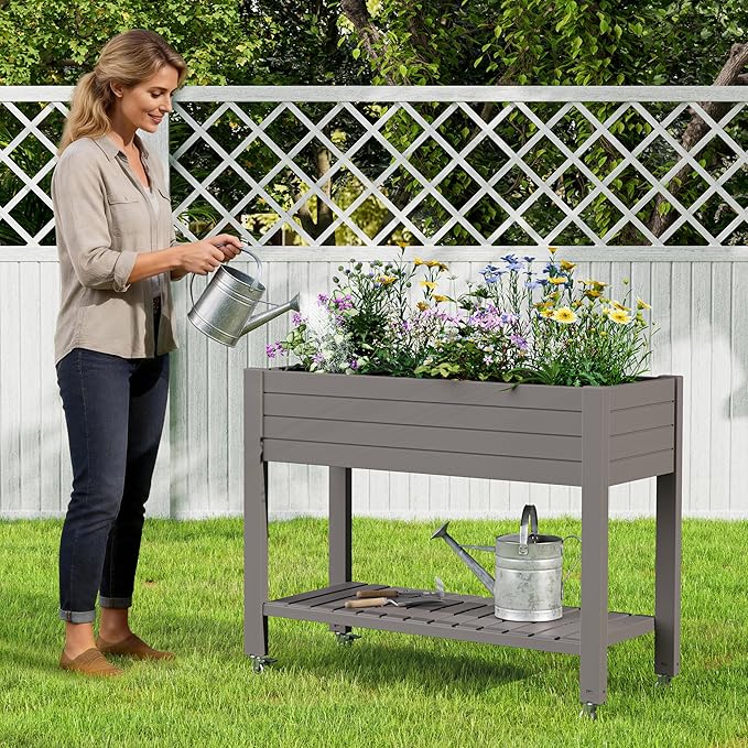 Raised Garden Bed with Wheels, Divisible Resin Planter Box with Drainage Gauge & Storage Shelf, Herb Planter for Garden Patio Backyard, Gray