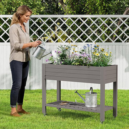 Raised Garden Bed with Wheels, Divisible Resin Planter Box with Drainage Gauge & Storage Shelf, Herb Planter for Garden Patio Backyard, Gray