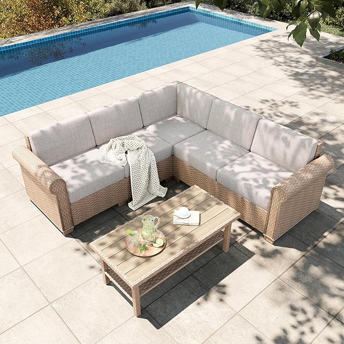 HERA'S HOUSE 6 Piece Patio Furniture Set, Outdoor Sectional Wicker Sofa with 44" Coffee Table, 5.5" Thick Waterproof Cushion All Weather 5 Seats Modular Conversation Set for Garden Deck Backyard
