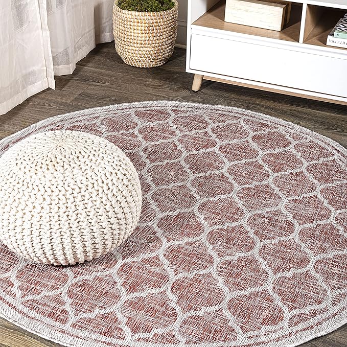 JONATHAN Y Moroccan Trellis Indoor Outdoor Round Area Rug 5 Ft Red/Beige, Trebol Textured Weave for Backyard, Patio, Porch, Easy-Cleaning, High Traffic, Pet-Friendly, Non-Shedding (SMB109C-5R)