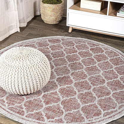 JONATHAN Y Moroccan Trellis Indoor Outdoor Round Area Rug 5 Ft Red/Beige, Trebol Textured Weave for Backyard, Patio, Porch, Easy-Cleaning, High Traffic, Pet-Friendly, Non-Shedding (SMB109C-5R)