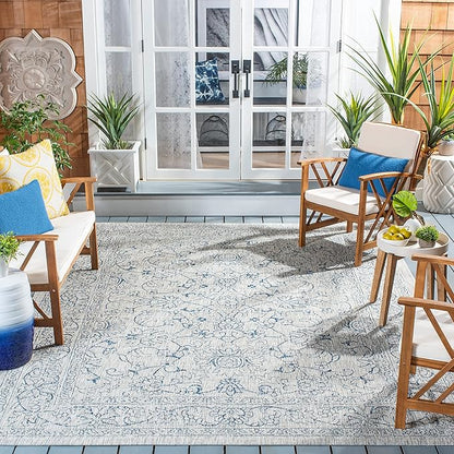 SAFAVIEH Washable Rug Outdoor Courtyard Collection - 6'7" Square, Grey & Navy, Non-Shedding & Easy Cleaning, Ideal for Patio, Backyard, Mudroom (CY8680-36812)