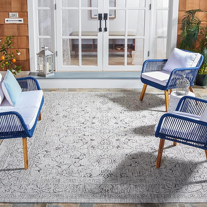 SAFAVIEH Washable Rug Outdoor Courtyard Collection - 6'7" Square, Grey & Black, Non-Shedding & Easy Cleaning, Ideal for Patio, Backyard, Mudroom (CY8680-37612)