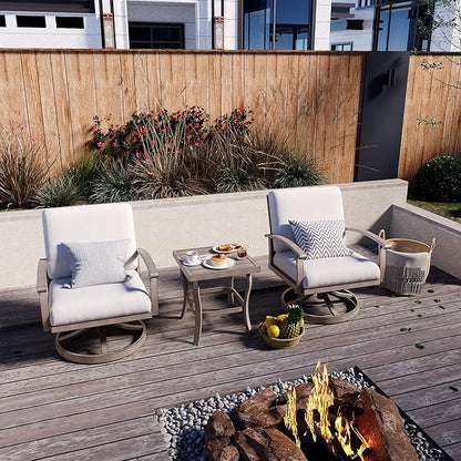 HAPPATIO Aluminum Outdoor Bistro Set - 3 Piece Swivel Rocker Patio Chairs with Thick Cushions and Side Table, Small Patio Furniture Set for Backyard Porch Balcony Front Porch (Gray)
