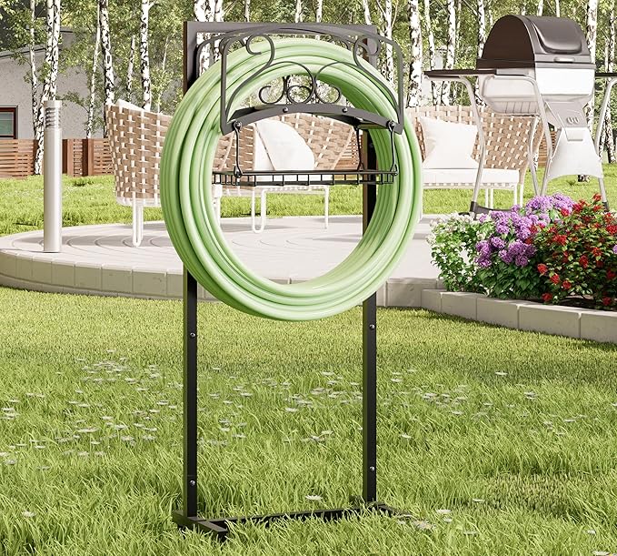 Kingson Portable Garden Hose Holder with Storage Basket - Heavy-Duty Freestanding Steel Stand, Holds 150FT Hose, Black Powder-Coated Finish, Detachable & Space-Saving Design with Tools