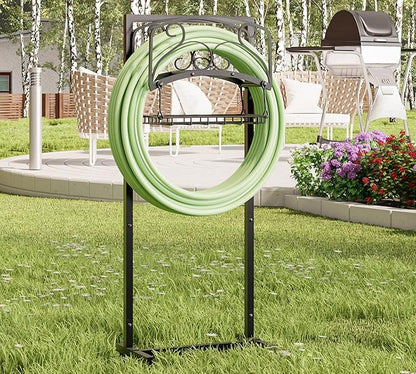 Kingson Portable Garden Hose Holder with Storage Basket - Heavy-Duty Freestanding Steel Stand, Holds 150FT Hose, Black Powder-Coated Finish, Detachable & Space-Saving Design with Tools