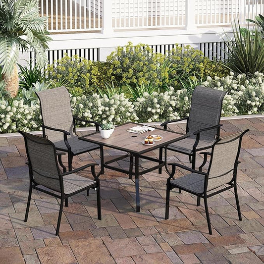 5 Pieces Patio Table and Chairs Set, 4 People Patio Dining Furniture Set, 4 Textilene Standard Chairs and 37" Wood-Like Top Table with Umbrella Hole, for Deck Garden Backyard