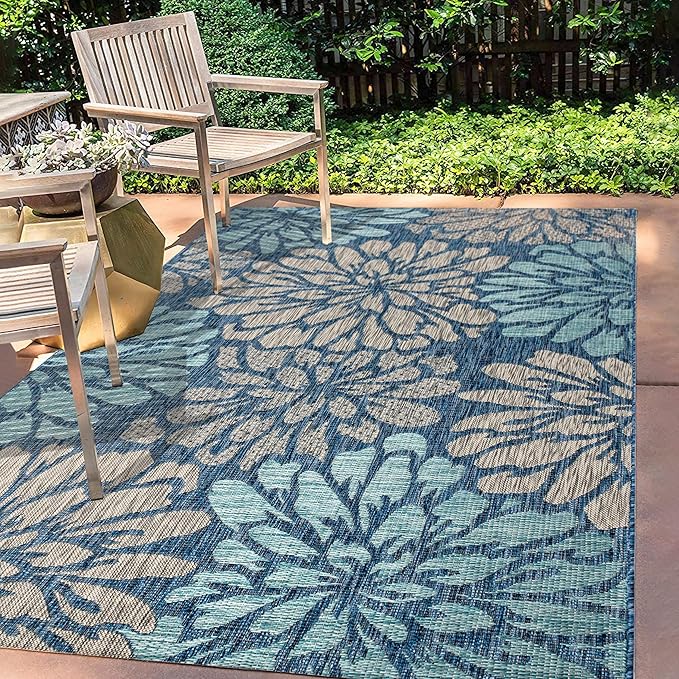 JONATHAN Y Floral Textured Weave Indoor Outdoor Area Rug 5X8 Navy/Aqua, Zinnia Modern for Backyard, Patio, Porch, Easy-Cleaning, High Traffic, Pet-Friendly, Non-Shedding (SMB110C-5)
