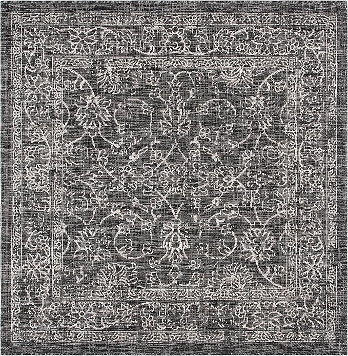 SAFAVIEH Washable Rug Outdoor Courtyard Collection - 5'3" Square, Black & Ivory, Non-Shedding & Easy Cleaning, Ideal for Patio, Backyard, Mudroom (CY8680-36621)