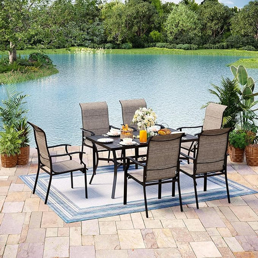 7 Pieces Patio Table and Chairs Set, 6 People Patio Dining Furniture Set, 6 Textilene Standard Chairs and Metal Dining Table with Umbrella Hole, for Deck Garden Backyard