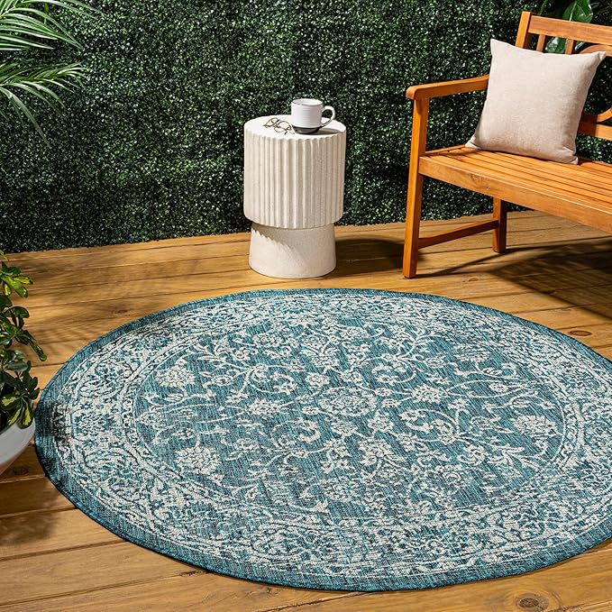 JONATHAN Y Weave Floral Indoor Outdoor Round Area Rug 4 Ft Teal/Gray, Tela Bohemian Textured for Backyard, Patio, Porch, Easy-Cleaning, High Traffic, Pet-Friendly, Non-Shedding (SMB100C-4R)