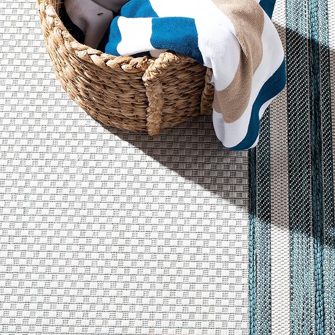 SAFAVIEH Washable Rug Outdoor Courtyard Collection - 10' Square, Ivory & Teal, Non-Shedding & Easy Cleaning, Ideal for Patio, Backyard, Mudroom (CY8475-53512)
