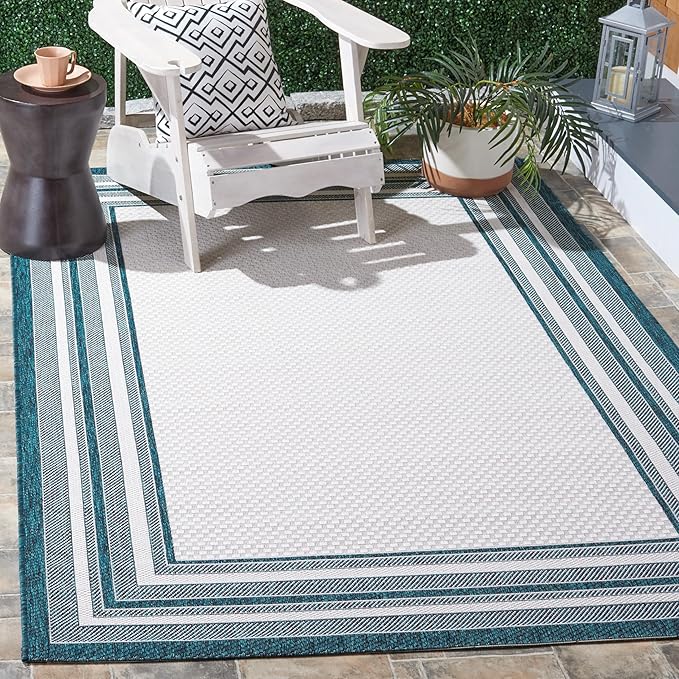 SAFAVIEH Washable Rug Outdoor Courtyard Collection - 5'3" Square, Ivory & Teal, Non-Shedding & Easy Cleaning, Ideal for Patio, Backyard, Mudroom (CY8475-53512)