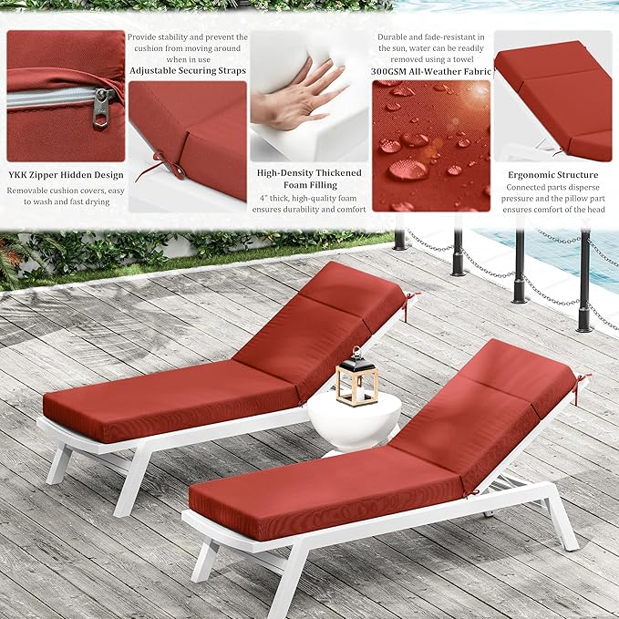 Chaise Lounge Cushion for Outdoor Furniture, Waterproof Fade and Tear Resistant Lounge Deck Chair Cushions for Patio Lawn Pool Resort Hotel