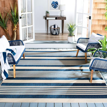SAFAVIEH Washable Rug Outdoor Courtyard Collection - 5'3" Square, Navy & Beige, Non-Shedding & Easy Cleaning, Ideal for Patio, Backyard, Mudroom (CY6062-268)