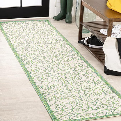 JONATHAN Y Vintage Filigree Indoor Outdoor Runner Rug 2X8 Cream/Green, Madrid Textured Weave for Backyard, Patio, Porch, Easy-Cleaning, High Traffic, Pet-Friendly, Non-Shedding (SMB107J-28)