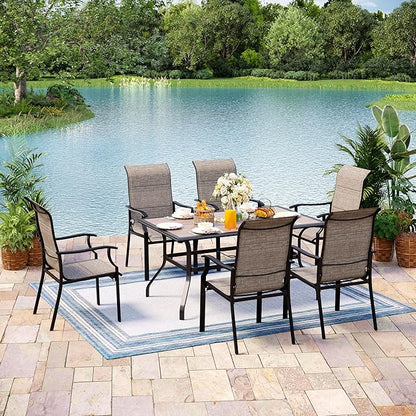 7 Pieces Patio Table and Chairs Set, 6 People Patio Dining Furniture Set, 6 Textilene Standard Chairs and Rectangular Metal Table with Umbrella Hole, for Deck Garden Backyard