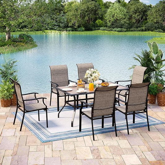 7 Pieces Patio Table and Chairs Set, 6 People Patio Dining Furniture Set, 6 Textilene Standard Chairs and Rectangular Metal Table with Umbrella Hole, for Deck Garden Backyard