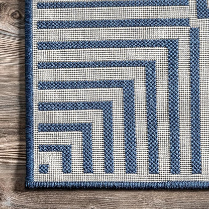 nuLOOM 8' Square Outdoor Area Rug, Casual Design with Striped Border, Stain Resistant, Highly Durable, for Patio, Balcony, Bedroom, Living Room, Dining Room, Bathroom, Navy